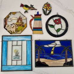 7Pc Lot of Stained Glass Pictures, Flowers and Figures