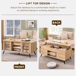 48" Lift top Coffee Table, mid Century Modern Coffee Table with Slatted Sliding Door, Hidden Storage Compartment, 4 Storage Shelves, Center Table for 