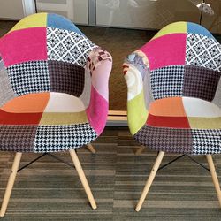 2 Modern Upholstered Multi-Colored Fabric Patchwork DAW Shell Dining Chairs - Color: Brown/Pink/Yellow