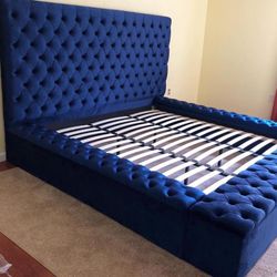 Paris Blue Velvet Queen Storage Platform Bed (King Bed Frame option /Mattress sold separately