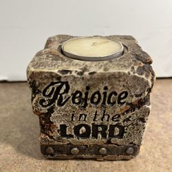 Never Used Faux Ceramic Tea Light Candle Holder with”Rejoice in the Lord” , Star & Other Designs on it.