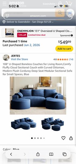 108” U-Shaped Boneless Couch - Blue