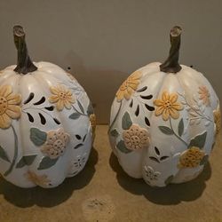 Set of 2 White Floral Light-Up Pumpkins 18 in — Fall Decor