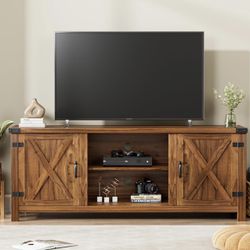 Modern Farmhouse TV Stand with Two Barn Doors and Storage Cabinets for Televisions up to 65+ Inch, Entertainment Center Console Table, Media Furniture