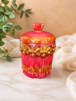 Beautiful Pink & Gold Decorative Glass Jar with Lid