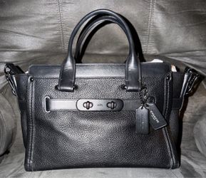 Coach Swagger 27 All Black Pebbled Leather Bag Satchel - Timeless Classic