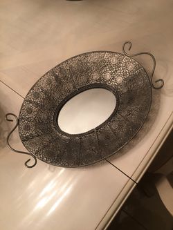 Beautiful “pewter looking” filigree mirrored tray..14” long and 10” wide