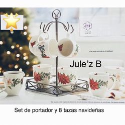 Princess House  Juego De 8 Tazas Navideñas Y Portador De Tazas Nuevos En Sus Cajas 