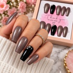 Handmade Mauve & Black Press On Nails Rhinestone Set