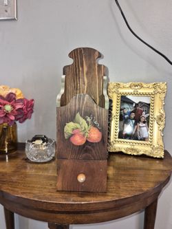 Vintage strawberry wooden matchstick holder with drawer 