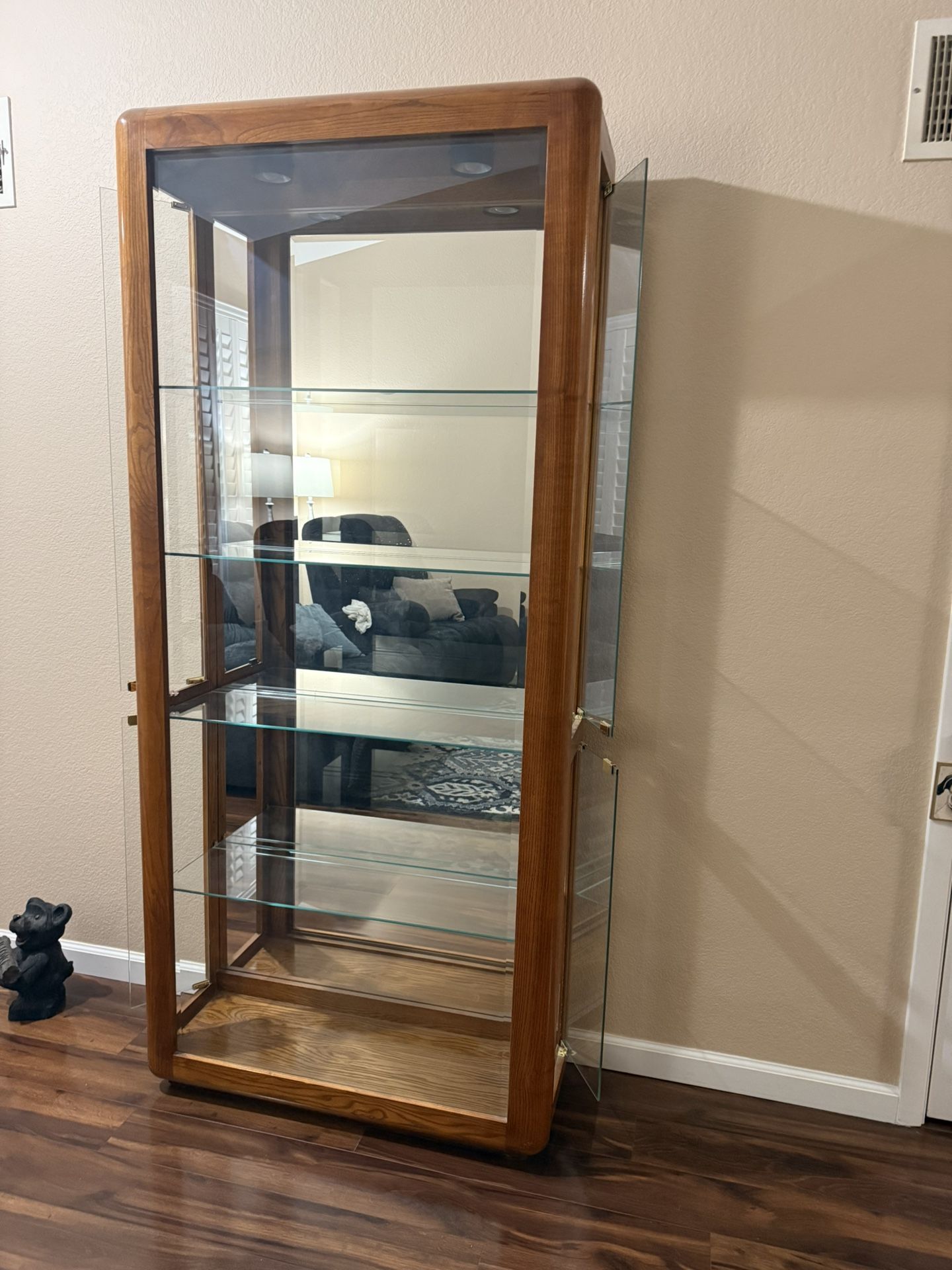 Oak curio cabinet With Glass Shelves/Lighted