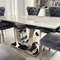 Marble Dining Table - Stainless Steel Contemporary Base