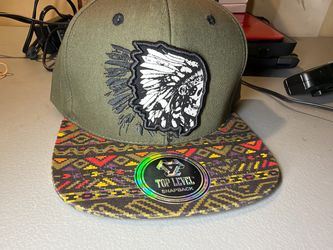Top Level Skull Headdress Snapback Hat Olive Green Geometric Print Flat Brim
