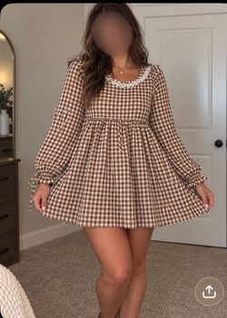 Brown Gingham Babydoll Mini Dress