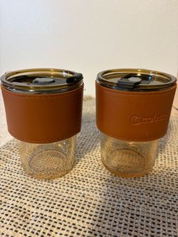 Colnic Glass Travel Mugs with Leather Sleeve – Set of 2