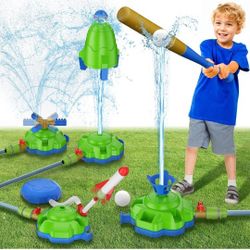 4-in-1 Water Sprinkler for Kids, Water Outdoor Baseball Rocket Launcher Toy with Water Sprinkler Baseball Toy,