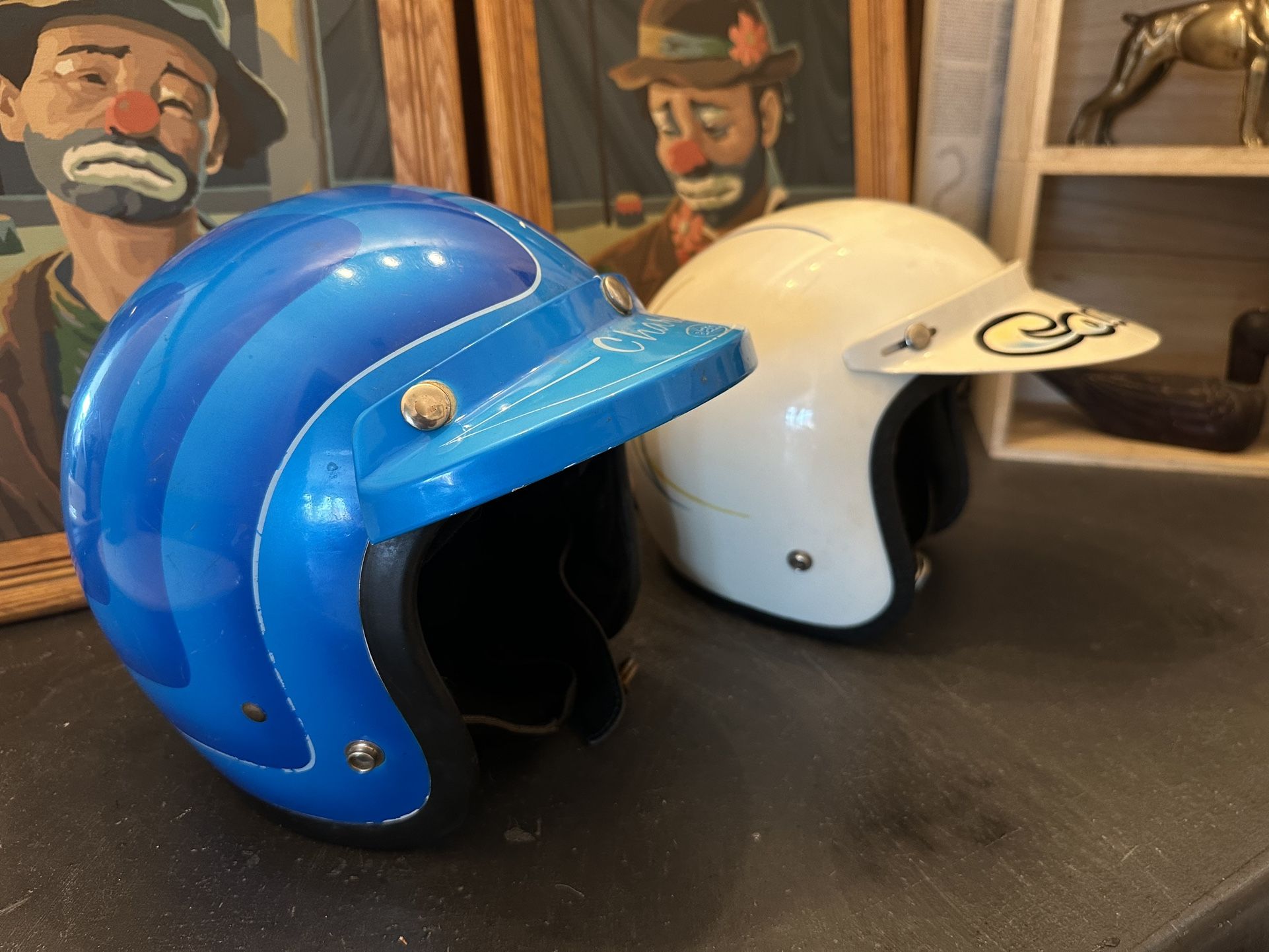Pair Of 70’s Father And Daughter Hand Painted Race Boat Helmets
