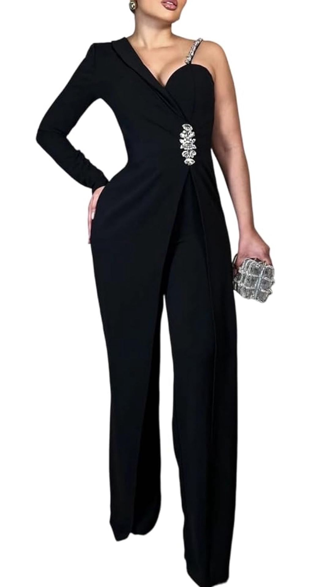 Elegant Black Crystal Jumpsuit Size Large New