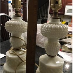 Vtg Hobnail Milk Glass Bubble Boudoir Lamp Set of 2