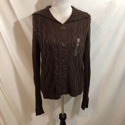St. John’s Bay “Chocolate” Button Up Cable Knot Cardigan - Women’s L, NWT, bust 22“, length 25.5”