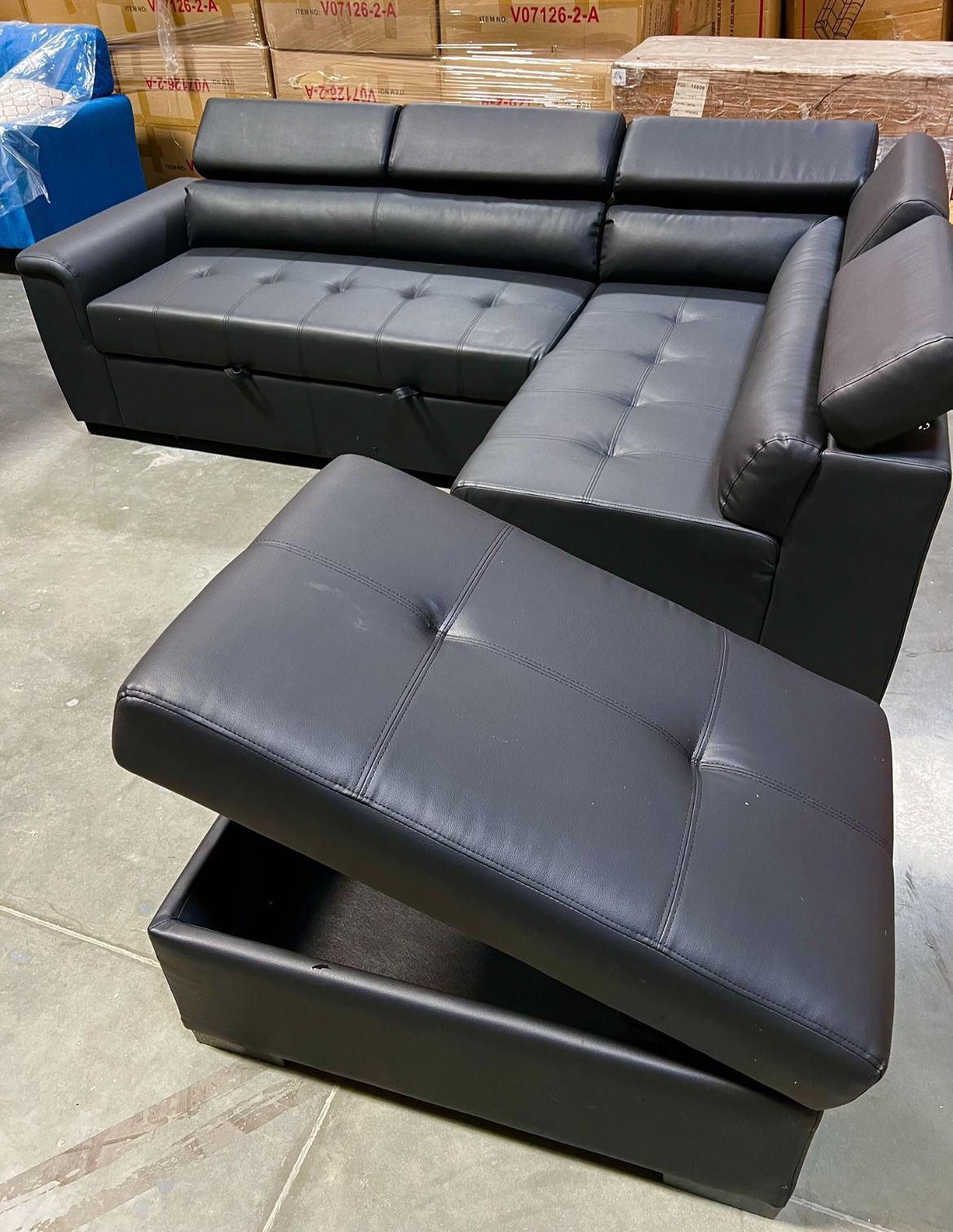 New! Black Sectional Sofa, Leatherette Sectional. Sectional Sofa With Storage Ottoman, Sofa Bed, Sectional Sofa Bed, Sectional With Pull Out Bed