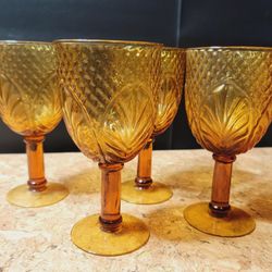 Set of 4 Vintage Amber Boho Wine Goblets - Unique Diamond and Leaf Design