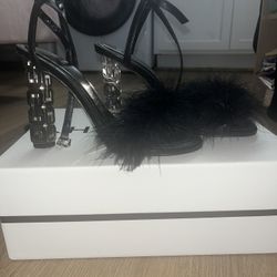 $400- Givenchy Black Feather Strap Sandals with Sculptural Crystal Heel