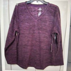 St. John's Bay Fleece V-Neck Long Sleeve Sweatshirt Shirt Purple Black XL NEW