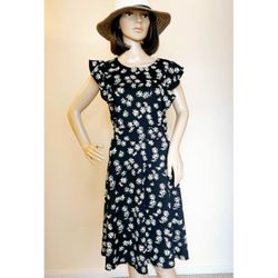 YATHON Daisy Summer Dress Ruffle Sleeves Black Swing A Line Dress L
