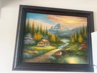 Large Framed Mountain Landscape Painting