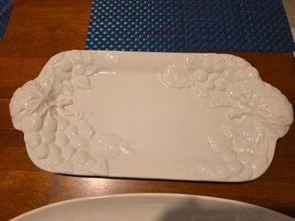 2 - White Ceramic Serving Trays with Embossed Grapes and Vine Detai