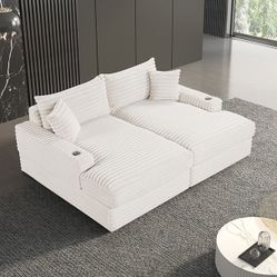FINANCE TODAY! Versoix White Padded Chenille Double Chaise Couch Lounge Sofa Love Seat w/ USB
