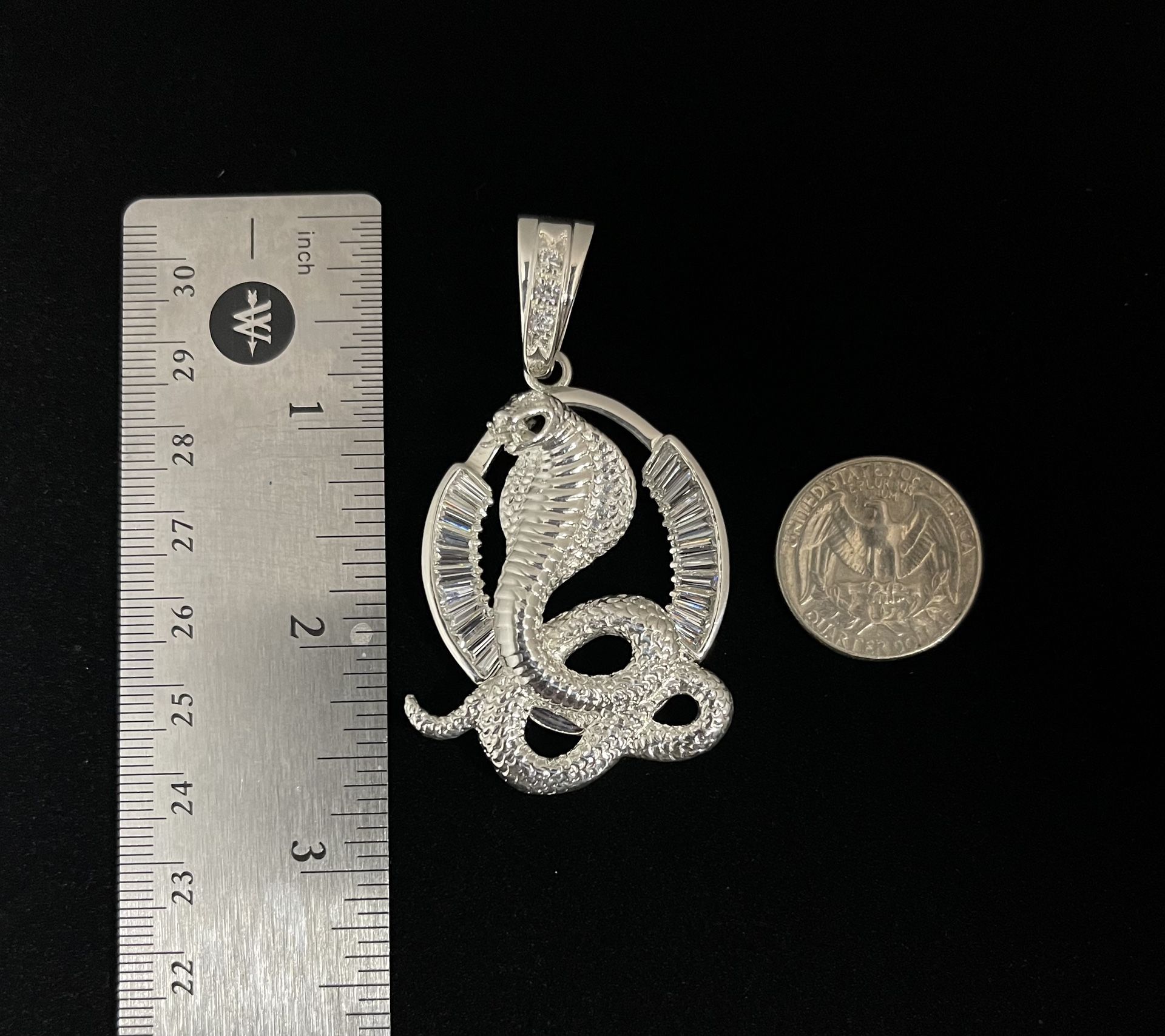 Heavy Cobra 925 Sterling Silver Pendant With Baguettes