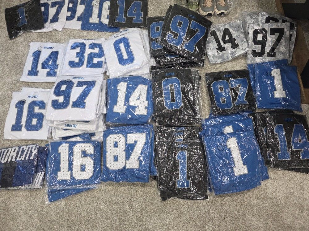 DETRIOT LIONS JERSEYS (**SEWN MATERIAL STRIPING/no Print Or Iron On )....All Sizes..