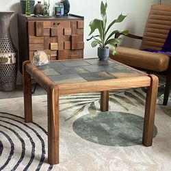Mid-Century Modern Slate Top Side Table - Solid Oak