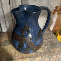 Beautiful blue and dark brown design small pitcher studio pottery signed Mimucha 