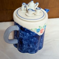 Vintage Ceramic Teapot with Miniature Tea Set Lid – Hand-Painted Floral & Blue Glaze