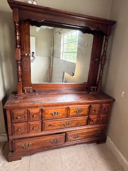 Solid Wood Vintage Dresser with Large Mirror – Heavy Duty, Real Wood