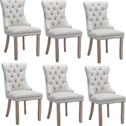 Set Of 6 Beige Linen Upholstered Tufted Dining Chair with Solid Wood Legs  [NEW] **Assembly Req** 
