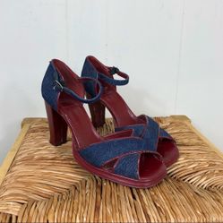 V2K BCBG Blue Denim Red Leather Open Toe Heels Sz 8