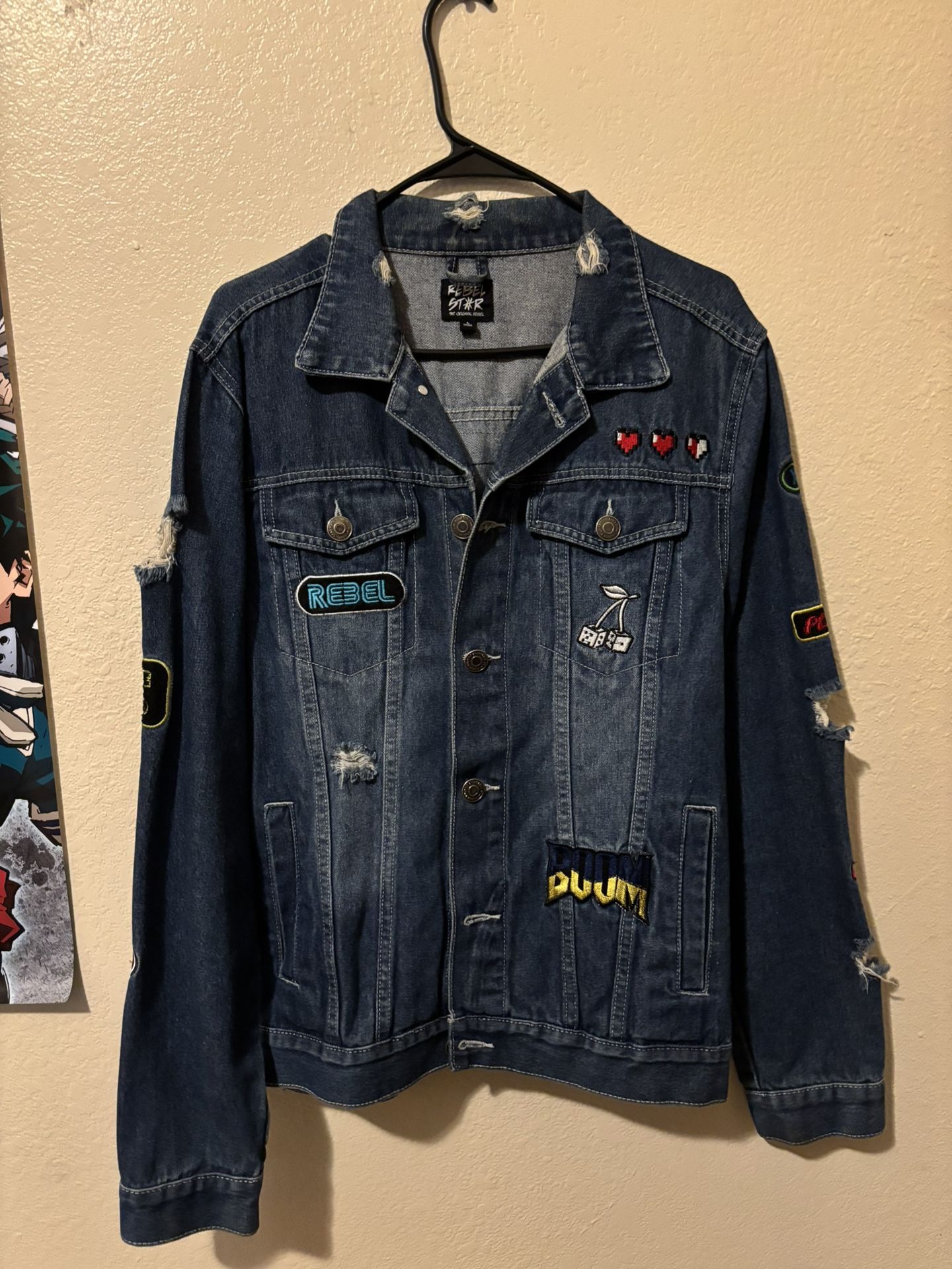 Rebel Star Men's Size Large Blue Denim Jacket Game Over Embroidered Distressed