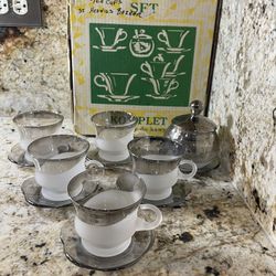 Vintage Set of 5 Tinted Frosted Glass Tea Cups & Saucers + Sugar Bowl/Coffee Set-Made in Poland 