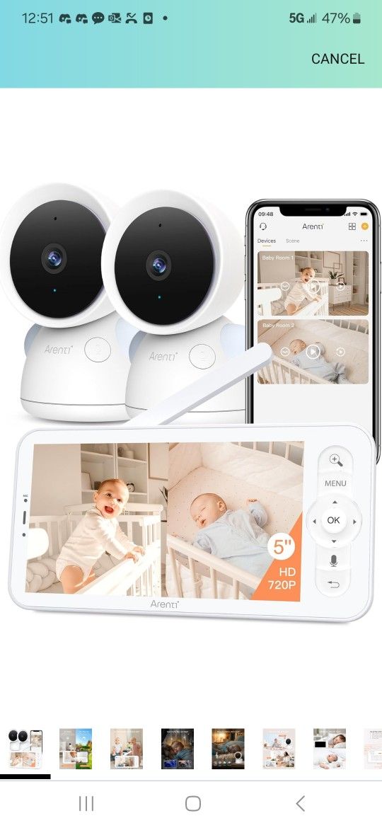 ARENTI 3MP Baby Monitor with 2 Cameras, 5-inch Split Screen Display, WiFi 6 Smartphone App, Night Vision, Cry Detection, Temp & Humidity Sensor, 2-Way