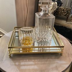 Gold Mirror tray With Decanter & Glass