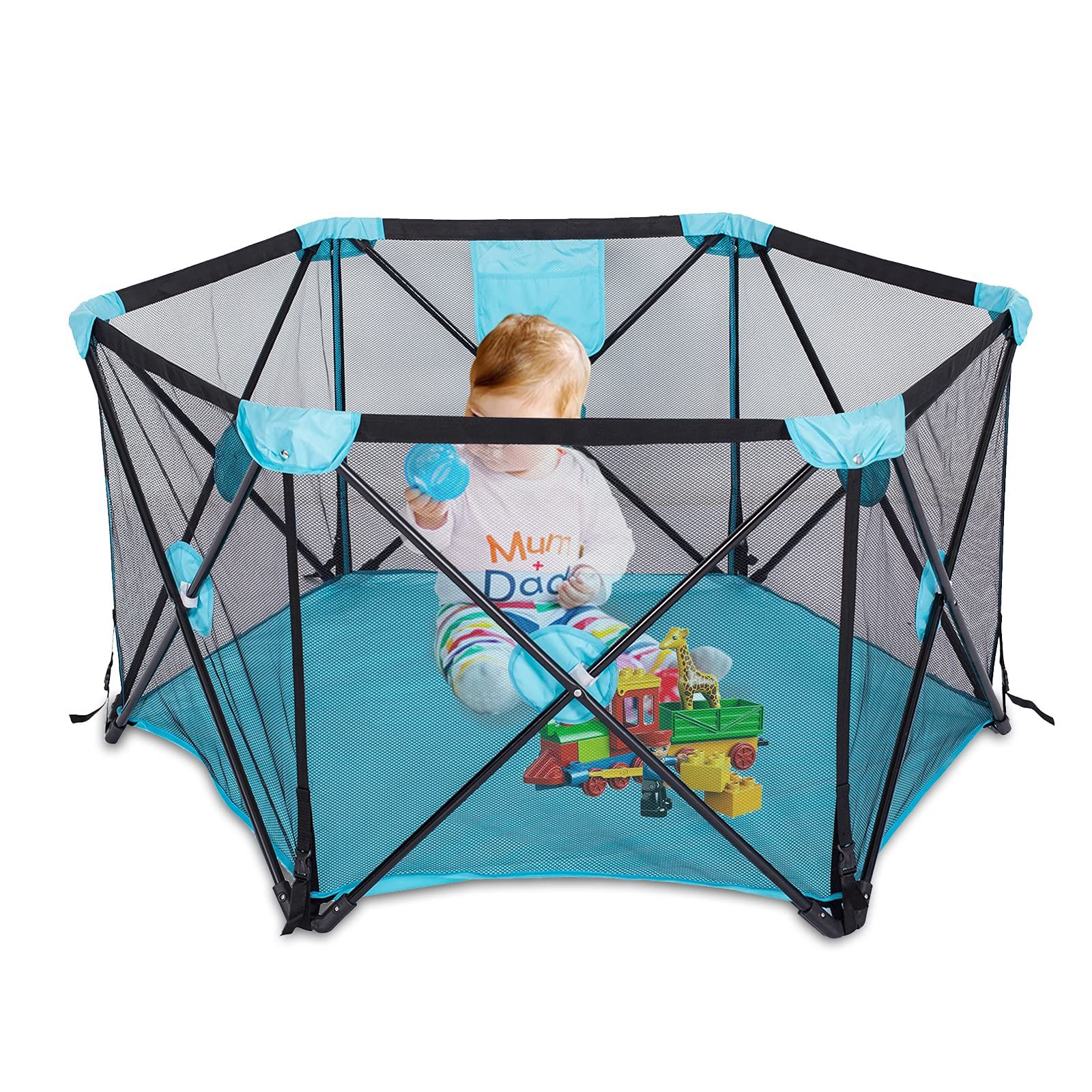Folding Baby Portable Playard - Lightweight Mesh Baby Playpen with Carrying Case - Easily Opens, Washable 6-Panel-Pink for Indoor and Outdoor Use