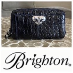 Brighton Croc-Embossed Leather Compact Wallet/Wristlet in black