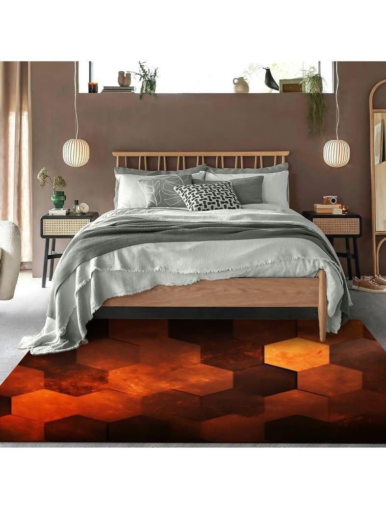 Fiery red Brown Burnt Orange Copper Black Abstract Geometric Shape Rug 5x7 Rug Area Rug