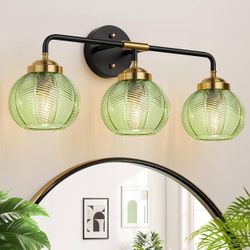 New-Bathroom Light Fixtures, 3-Ligh Vanity Lights for Bathroom with Green Leaf Pattern Glass Shade, Vanity Lighting Fixtures for Mirror Bedroom Living