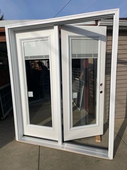 New patio door fiberglass with blinds size w67 h 81.3/4 composite frame molding to jam is 6.1/2 $950