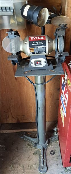RYOBI 6" THIN LINE BENCH GRINDER MODEL BGH615 ON PEDESTAL STAND INTEGRATED WORK LIGHT 2.1 AMP MOTOR